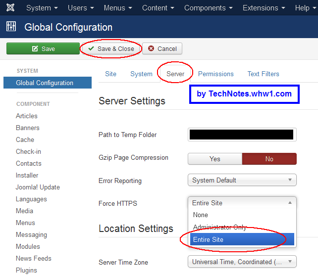 Entire Site selected on Force HTTPS menu within Server tab of System Global Config