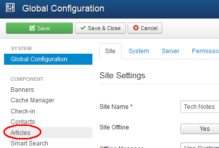 Select Articles from the Joomla Global Configuration menu. From TechNotes.whw1.com.